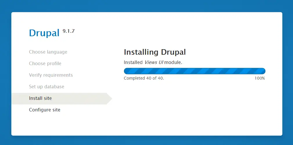 Drupal installation progress screen with 100 percent completion Image