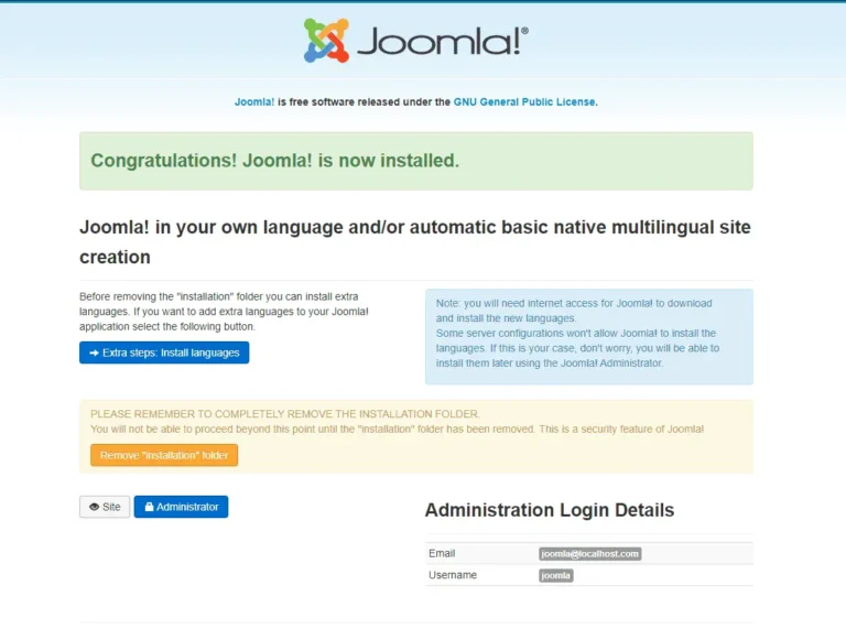 Joomla installation success page with login form displayed Image