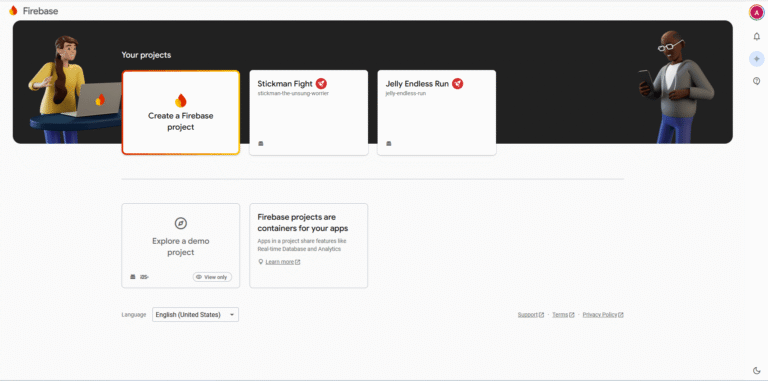 Firebase project dashboard interface with project options shown