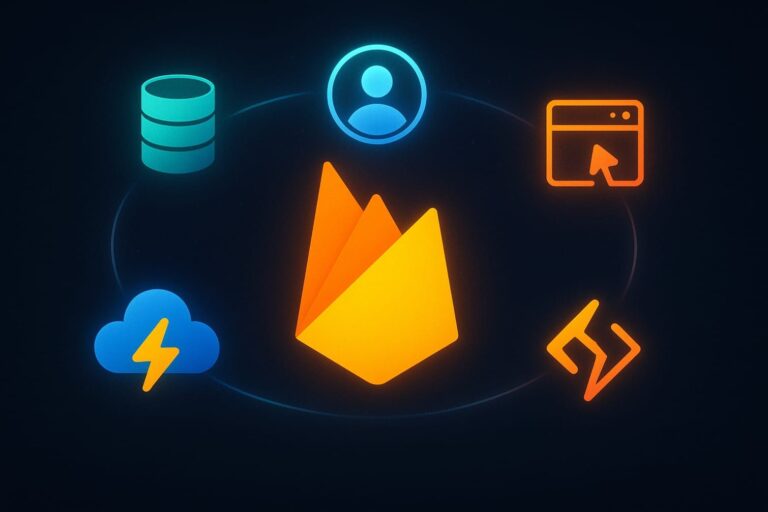 Firebase ecosystem illustration with database and cloud services.