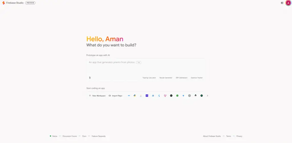 Screenshot of the Firebase Studio dashboard showing the app creation process, including the code editor and AI assistance tools.