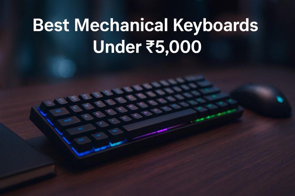 RGB backlit mechanical gaming keyboard on wooden desk with mouse, tech gadgets, and dim background.