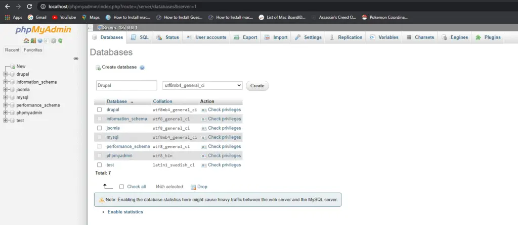 phpMyAdmin Create Database