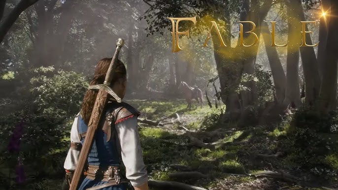 A young adventure warrior in a forest with a sword on her back, exploring a mythical woodland scene with game-like elements inspired by fantasy video games.