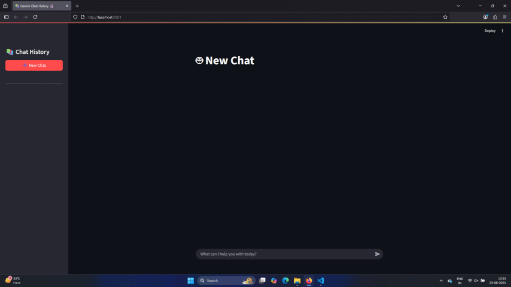 Screenshot of the Gemini and Streamlit chatbot user interface, showing the main 'New Chat' window and an empty sidebar on the left titled 'Chat History' with a 'New Chat' button.