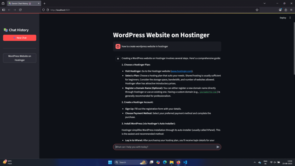 Screenshot of the Gemini chatbot after a conversation has started. The main window displays a question and an answer, and the sidebar on the left now shows a new, automatically generated title for the conversation under 'Past Chats'.