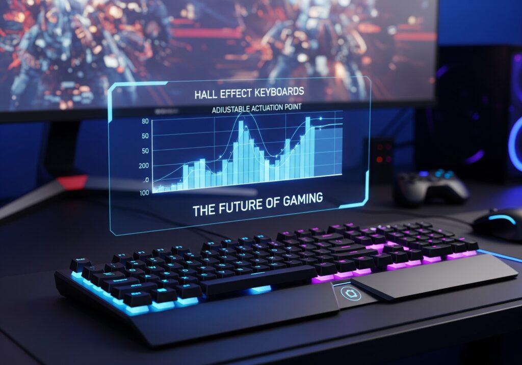 Futuristic gaming setup with holographic display showcasing the future of gaming, gaming keyboard with RGB lighting, and high-tech gaming accessories.