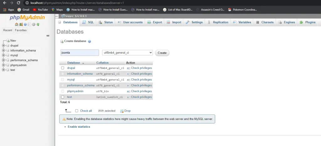 phpMyAdmin Create Database