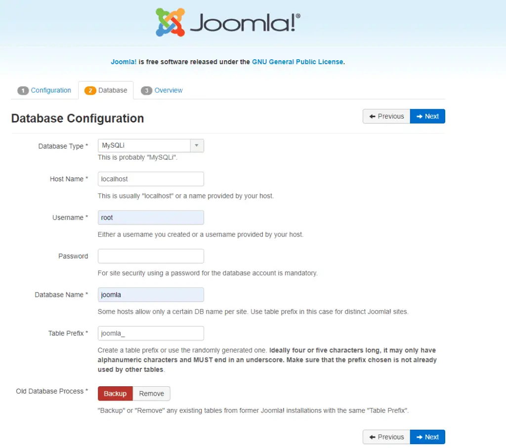 Joomla Database Configuaration