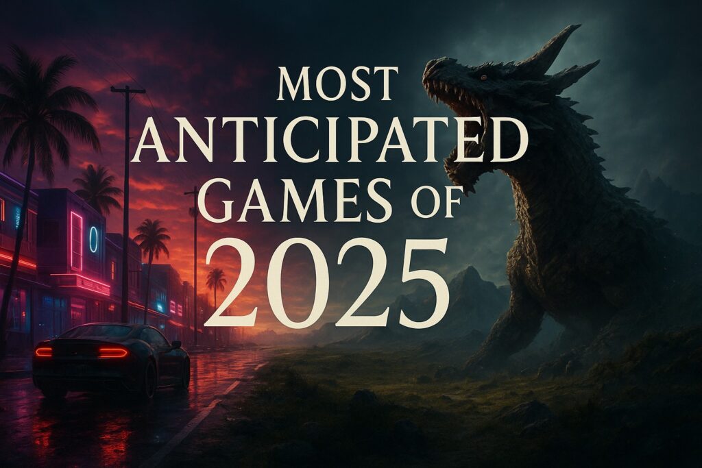 Futuristic cityscape with neon lights and palm trees at sunset, featuring a giant monster resembling Godzilla, promoting anticipated video games of 2025.
