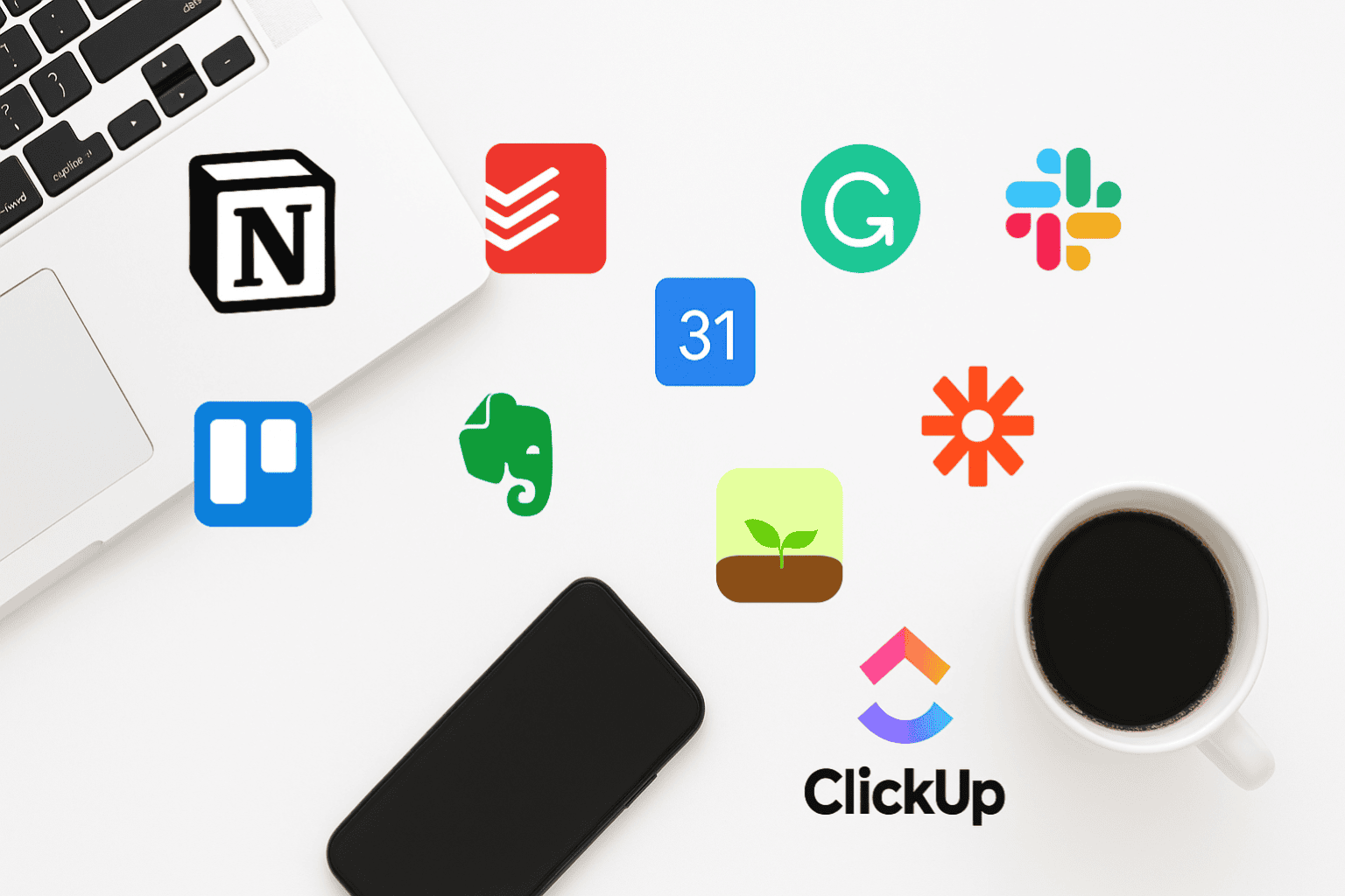 Flat lay of a modern desk with laptop, phone, coffee, and floating icons of top productivity apps for 2025 including Notion, Todoist, Trello, Evernote, Grammarly, Google Calendar, Forest, Slack, Zapier, and ClickUp.