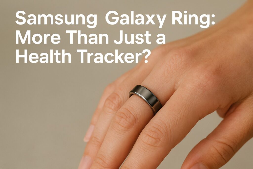 A close-up of a hand wearing the sleek Samsung Galaxy Ring, highlighting its titanium design with overlay text that reads “Samsung Galaxy Ring: More Than Just a Health Tracker?".