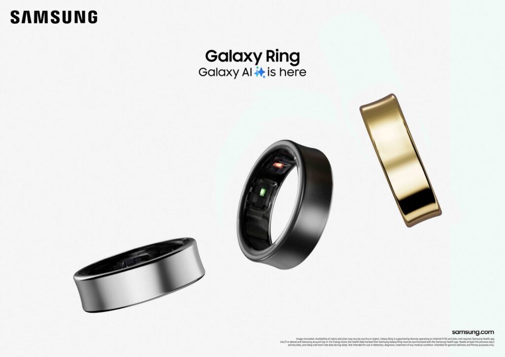 Samsung Galaxy Ring in Titanium Black, Silver, and Gold color options, highlighting its sleek and lightweight design.