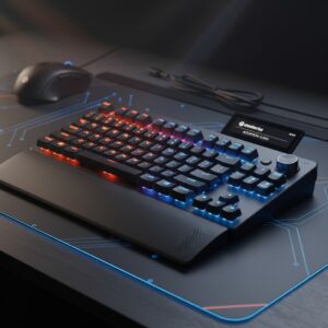 RGB backlit mechanical gaming keyboard on a tech desk with a mouse and digital display, perfect for gaming and tech enthusiasts.
