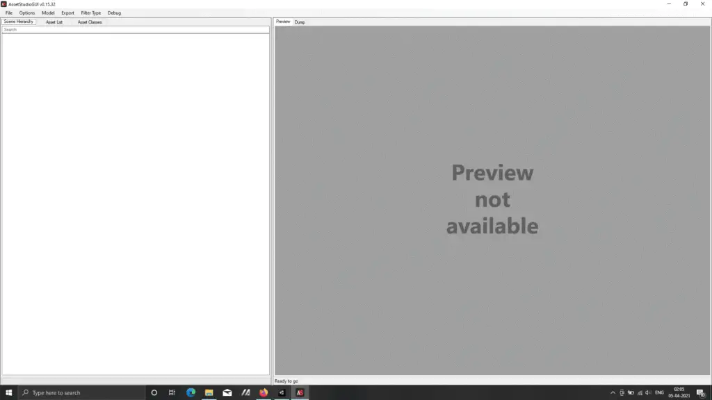 Asset Studio GUI, nothing opened yet.