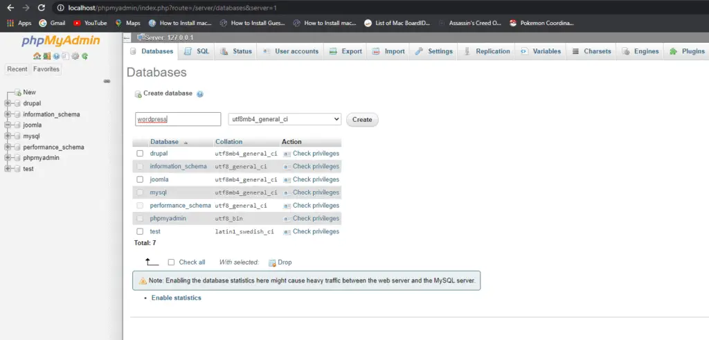 phpMyAdmin Create Database