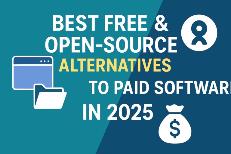 Free open-source software alternatives for paid software in 2025, featuring icons of folders, webpages, and dollar signs, emphasizing budget-friendly tech solutions.