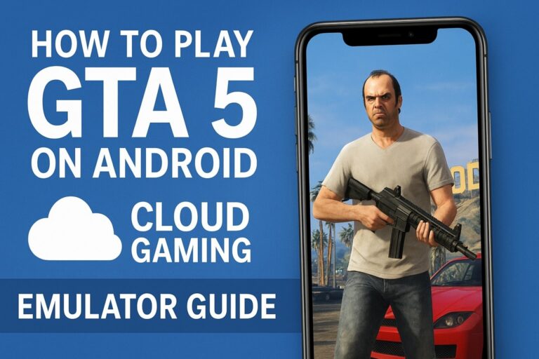 How to play GTA 5 on Android using cloud gaming and emulator guide with smartphone illustration