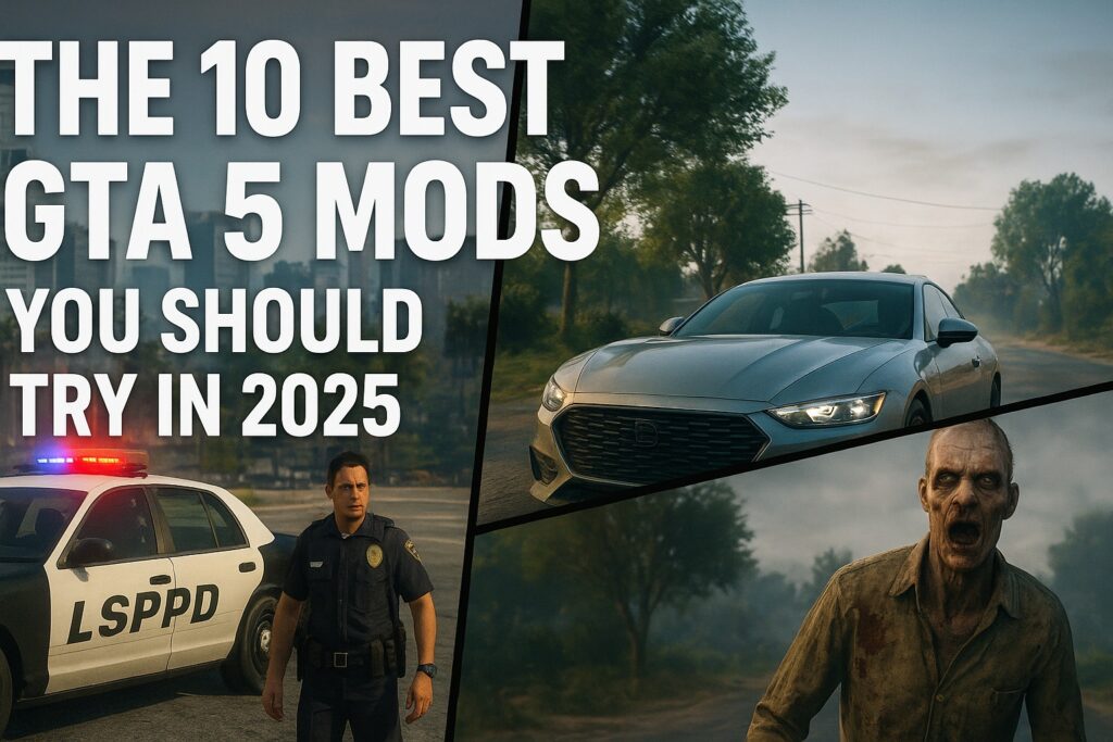 Featured image for article "The 10 Best GTA 5 Mods You Should Try in 2025," showing a police officer beside an LSPPD car, a silver sports car on a rural road, and a zombie in a foggy landscape.