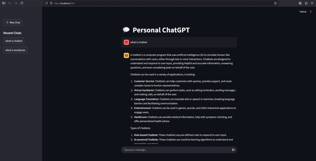 Screenshot of Personal ChatGPT Web App After Multiple Chats