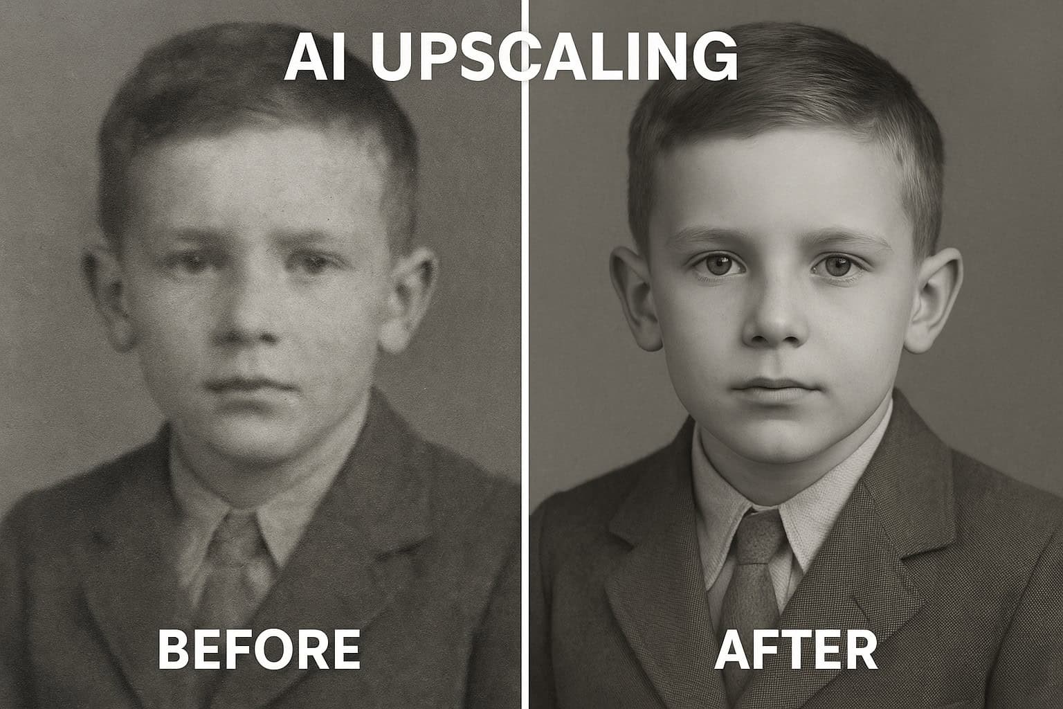 Before and after comparison showing how AI upscaling restores clarity to an old black-and-white photo of a young boy.