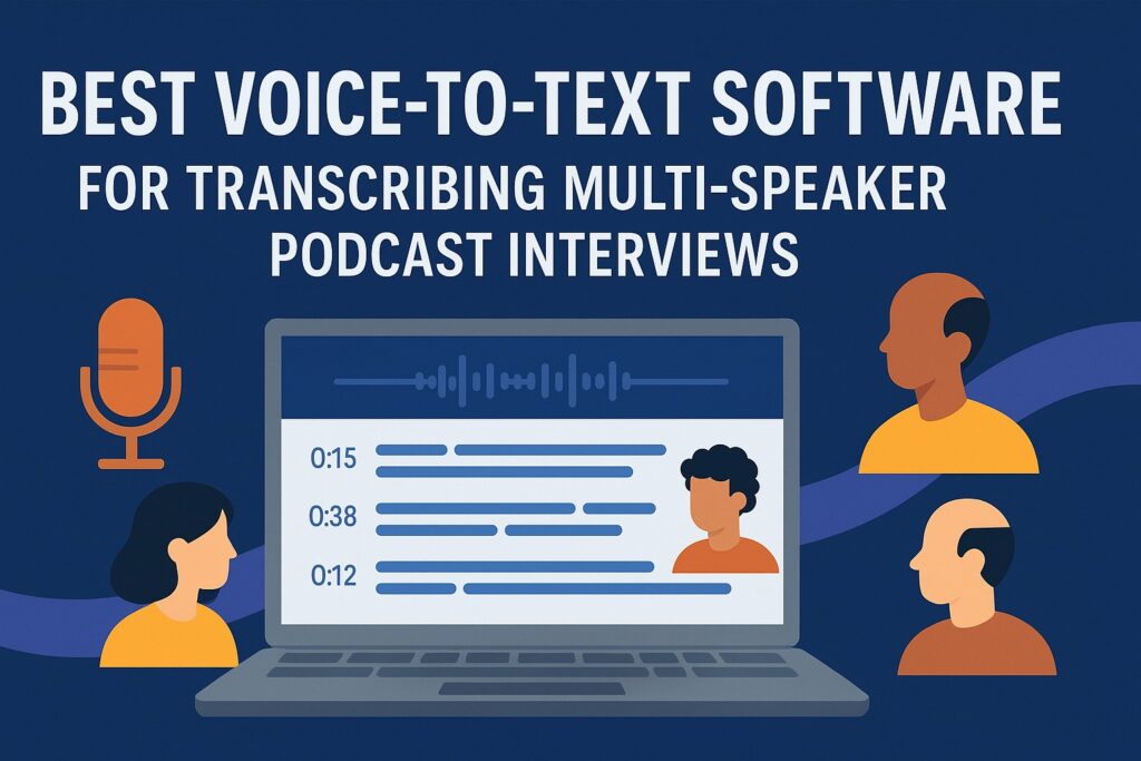 Illustration showing a laptop with voice-to-text transcription software and multiple podcast speakers, representing the best voice-to-text software for transcribing multi-speaker podcast interviews.