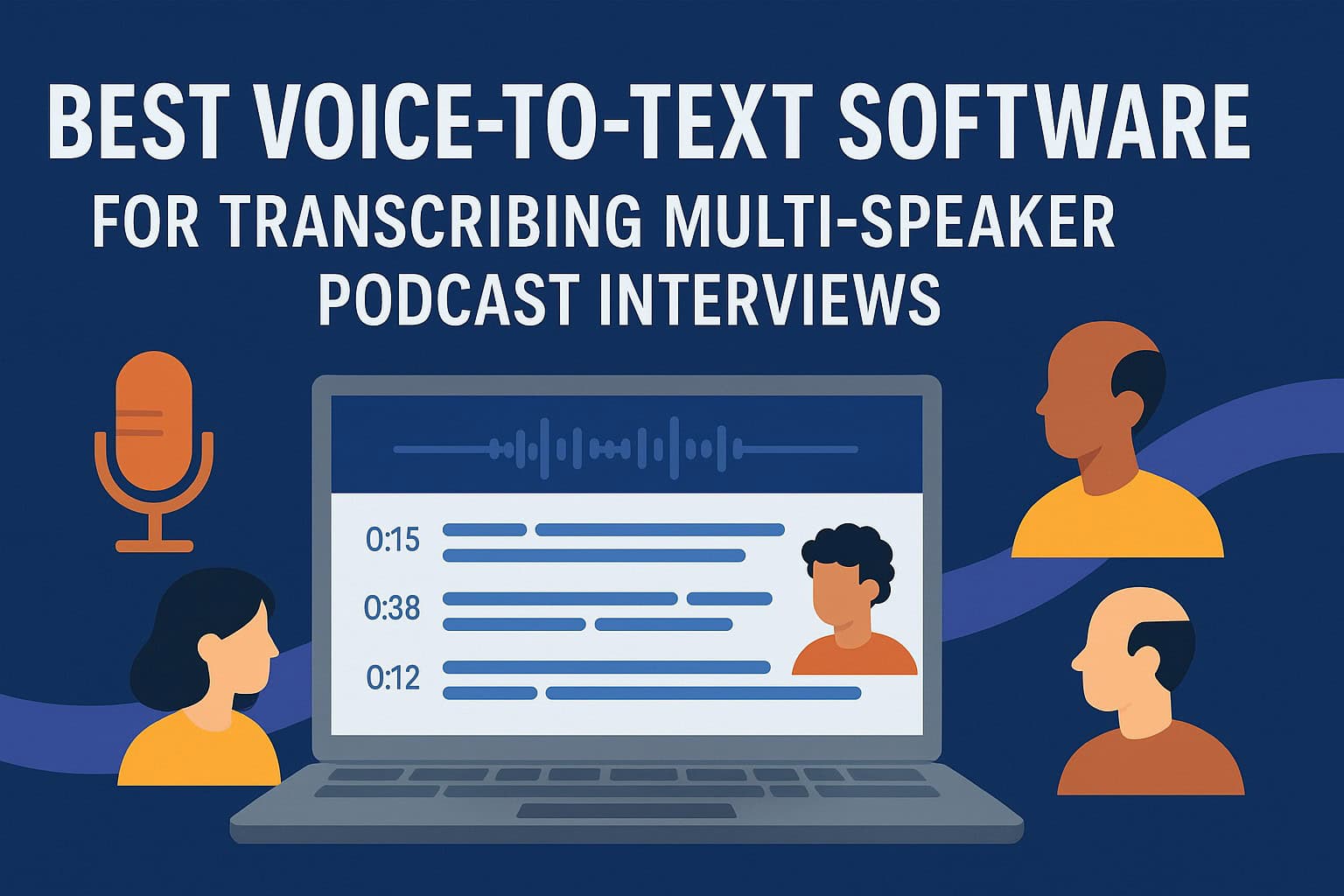 Illustration showing a laptop with voice-to-text transcription software and multiple podcast speakers, representing the best voice-to-text software for transcribing multi-speaker podcast interviews.