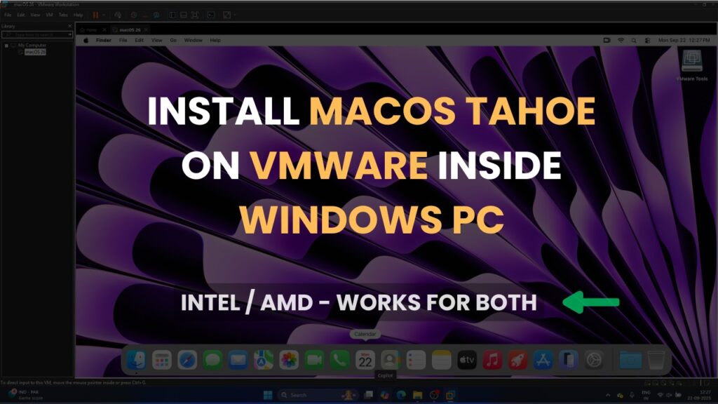 Featured image showing the macOS Tahoe desktop interface successfully running inside the VMware application on a Windows computer.