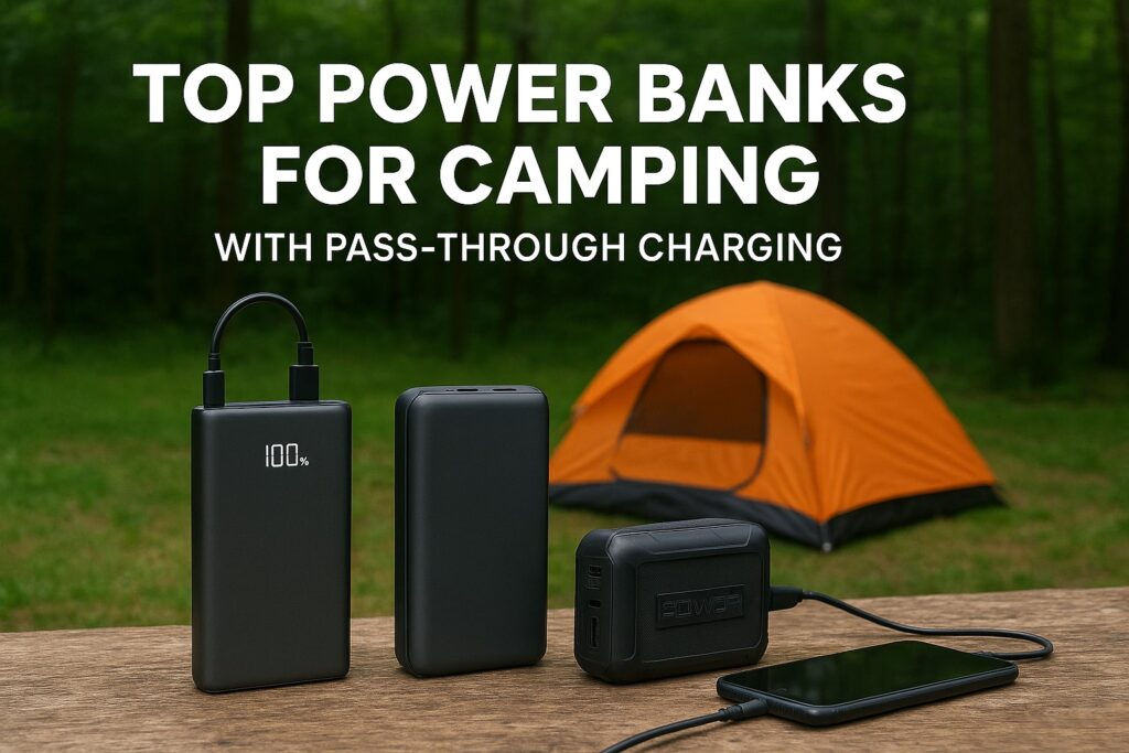 Three power banks displayed on a wooden surface at a forest campsite with an orange tent in the background, illustrating an article about the best power banks for camping with pass-through charging.