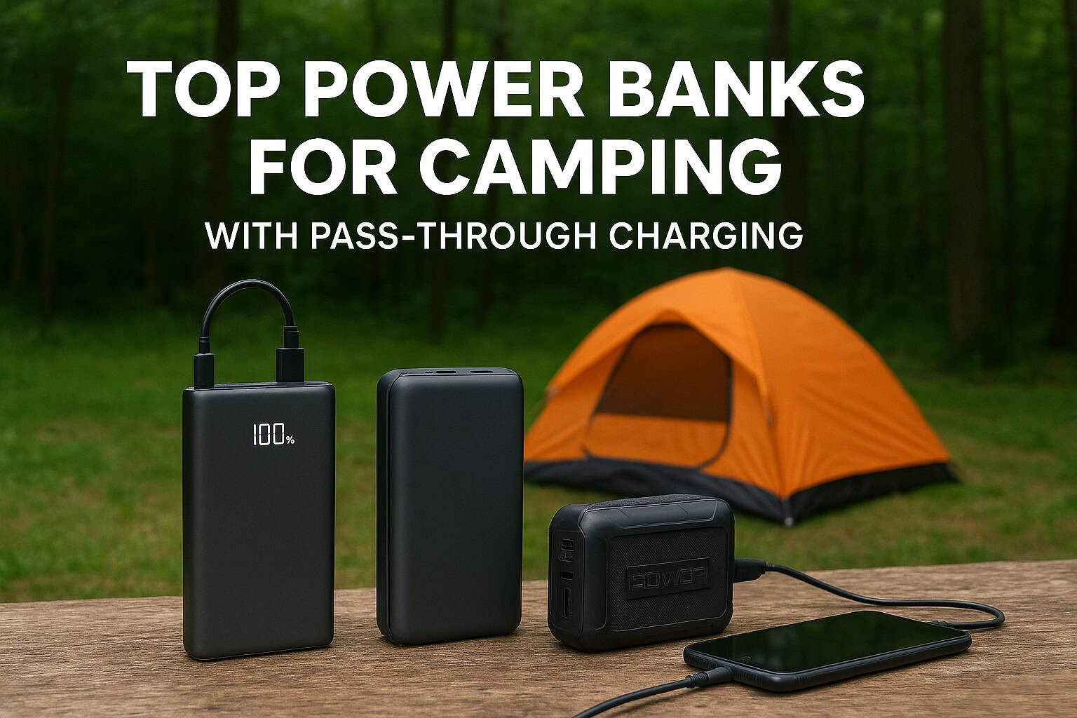 Three power banks displayed on a wooden surface at a forest campsite with an orange tent in the background, illustrating an article about the best power banks for camping with pass-through charging.